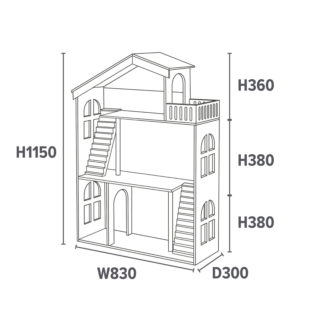    LHTZ005-grey-dolls-house-bookcase-with-balcony-dimension-illustration
