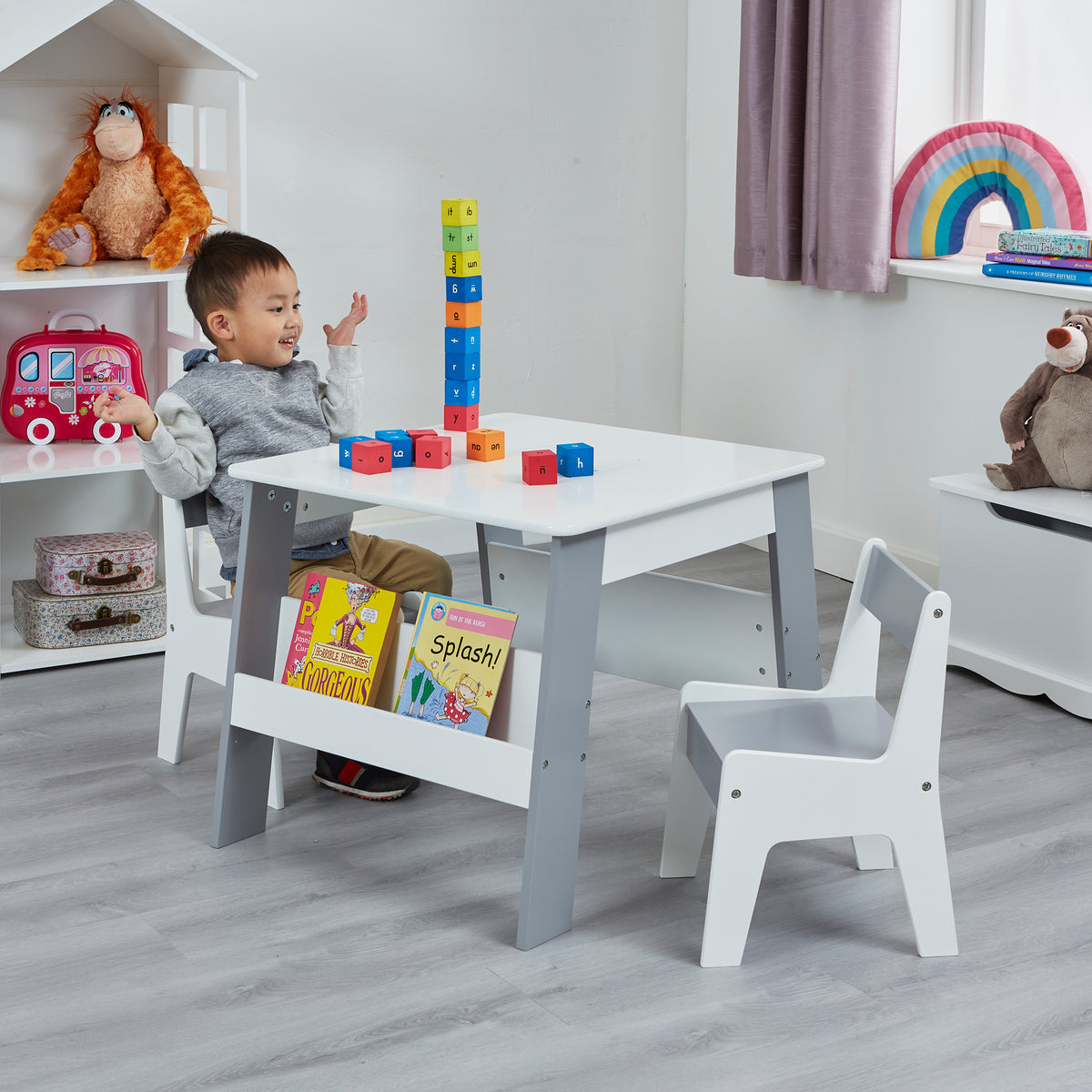 Kids White and Grey Bookshelf Table and Chair Set Liberty House Toys