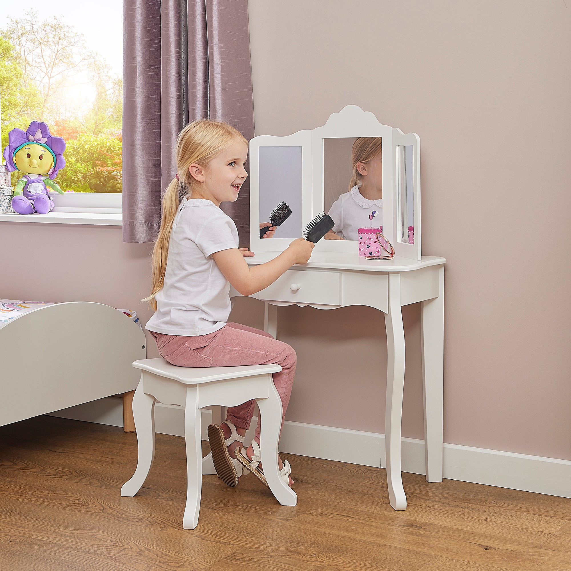 Childrens dressing table with mirror and stool hotsell