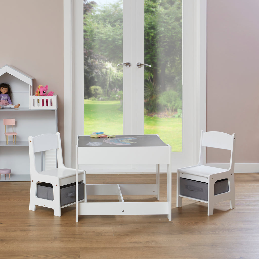      TF5412-G-white-table-and-2-chairs-with-grey-bins-lifestyle-chalk-board