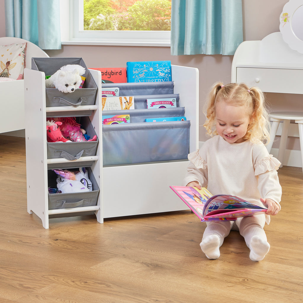TFLH2001-white-book-display-unit-with-3-fabric-storage-boxes-lifestyle-girl-5
