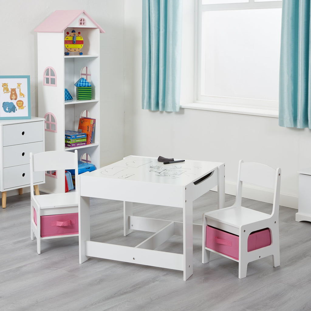 TF5412-W-white-table-and-2-chairs-with-pink-bins-lifestyle-dry-wipe-board
