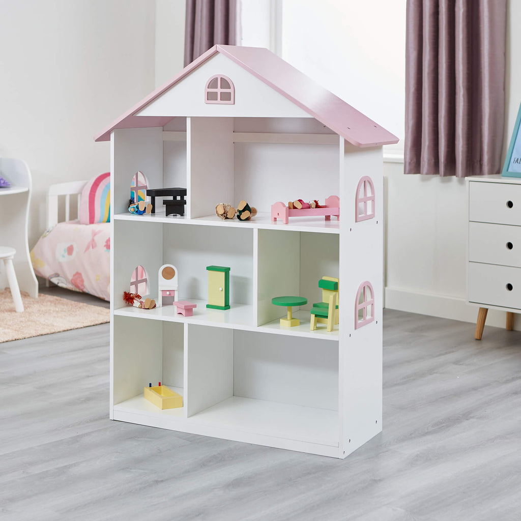LHT10101-white-dolls-house-bookcase-with-pink-roof-lifestyle-1