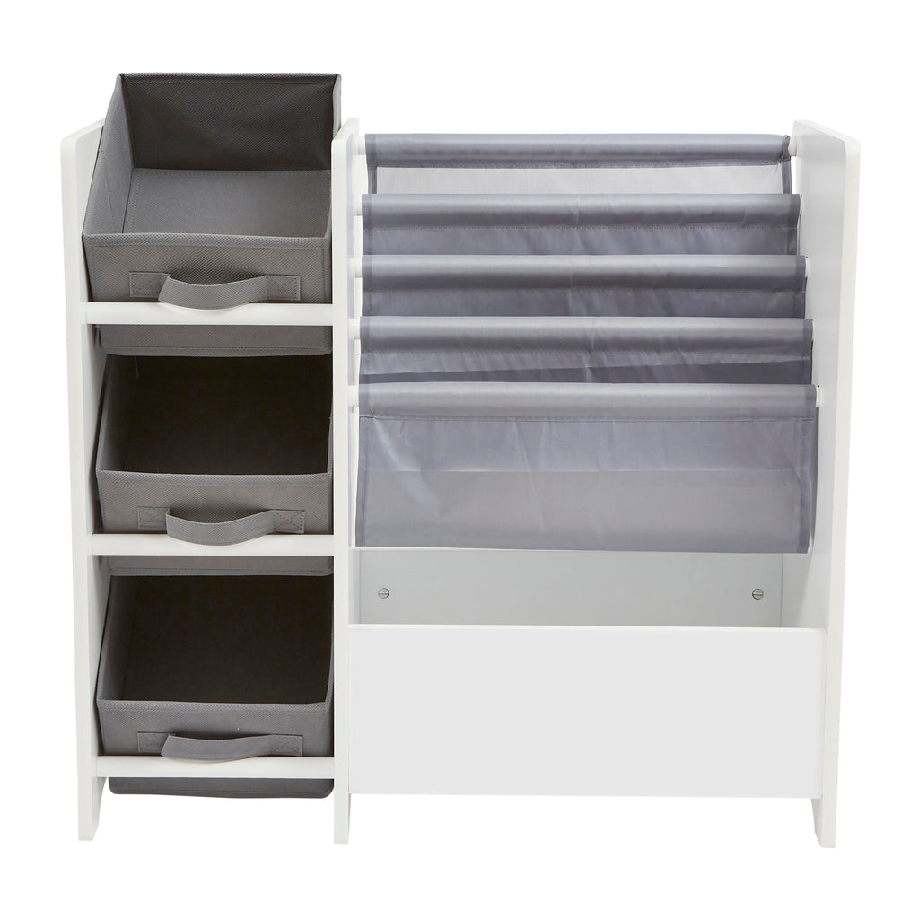      TFLH2001-white-book-display-unit-with-3-fabric-storage-boxes-product-front