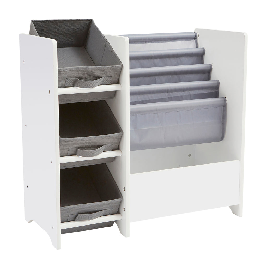      TFLH2001-white-book-display-unit-with-3-fabric-storage-boxes-product-side-dog