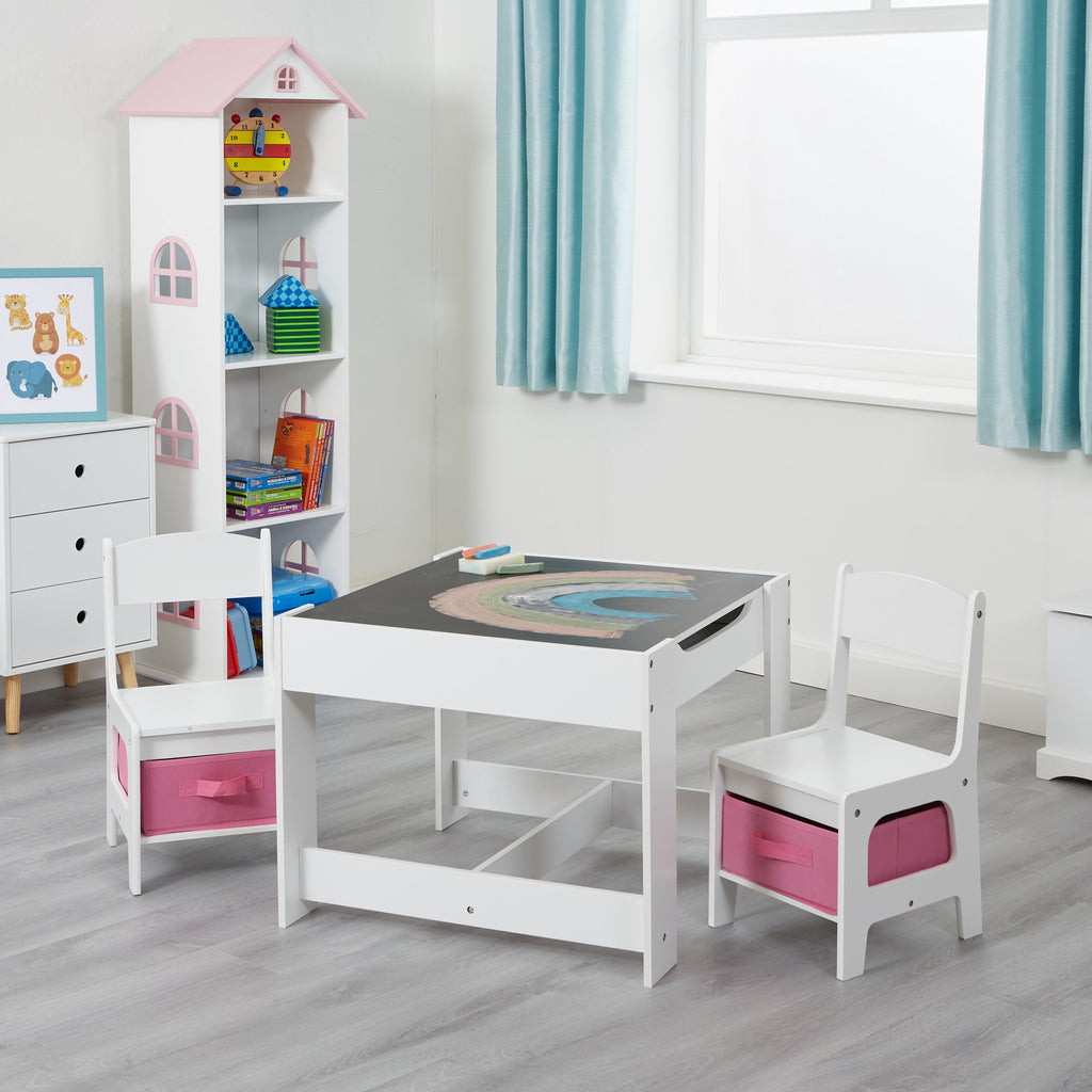 TF5412-W-white-table-and-2-chairs-with-pink-bins-lifestyle-chalkboard